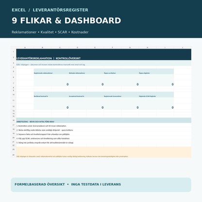 Excel leverantörsreklamation med nio flikar och översikt för öppna reklamationer, kostnader och SCAR