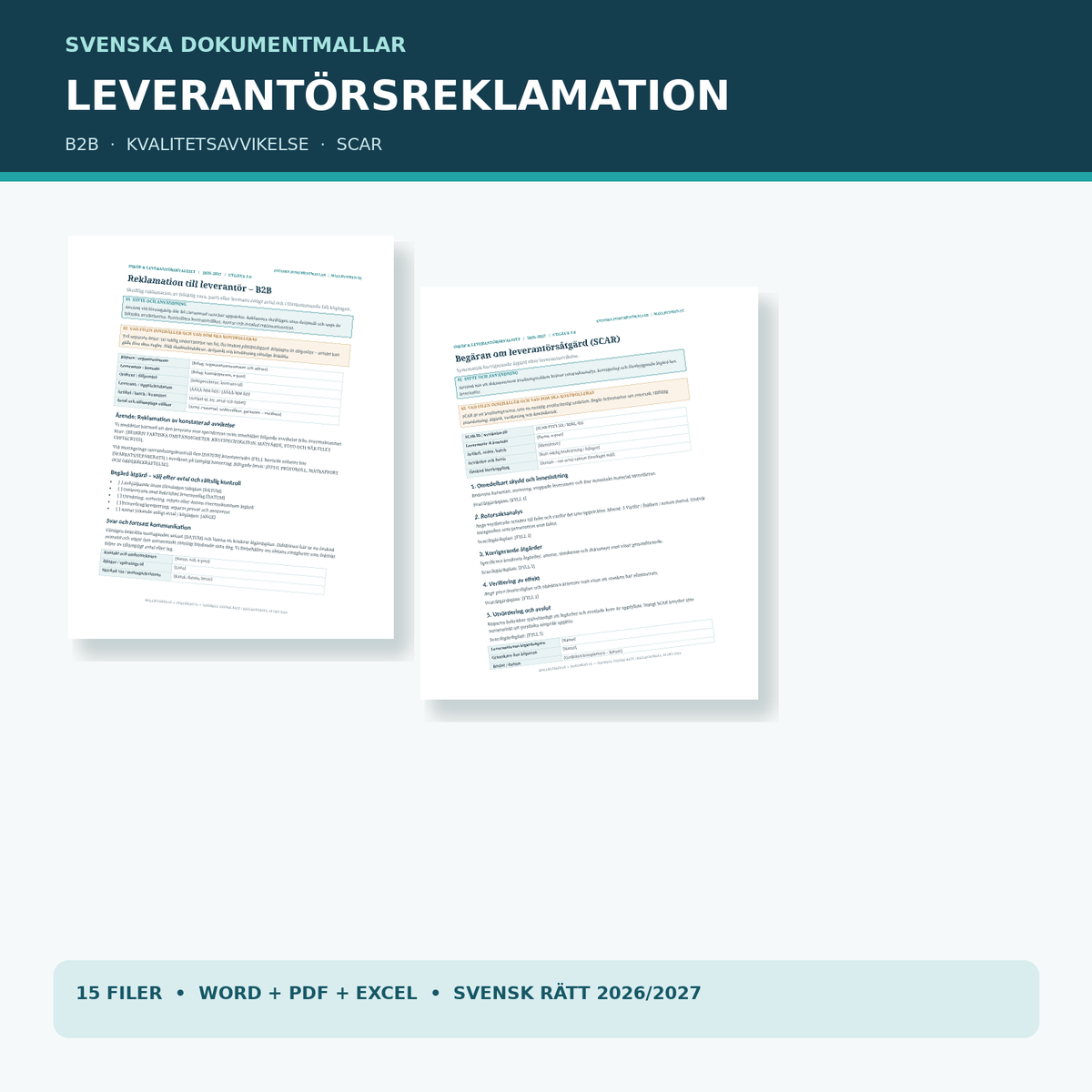 Leverantörsreklamation B2B 2027 – Word PDF Excel, riktiga dokumentförhandsvisningar