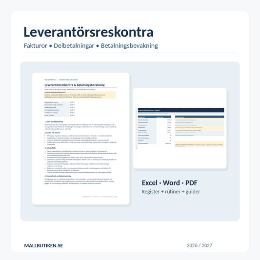 Leverantörsreskontra 2026/2027 med Excel, Word och PDF – huvuddokument