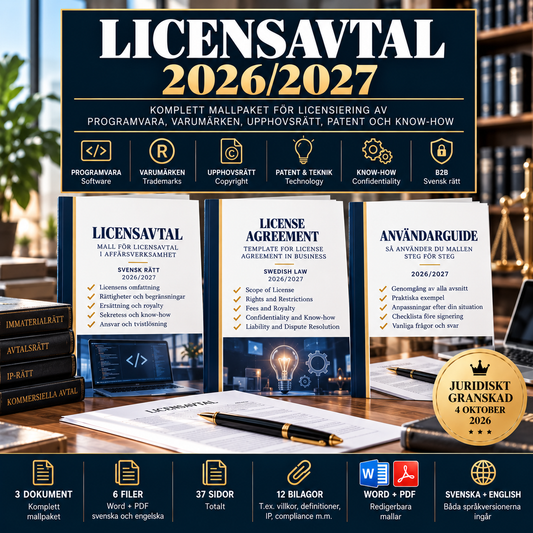 Licensavtal mallpaket 2026/2027 i Word och PDF på svenska och engelska enligt svensk rätt