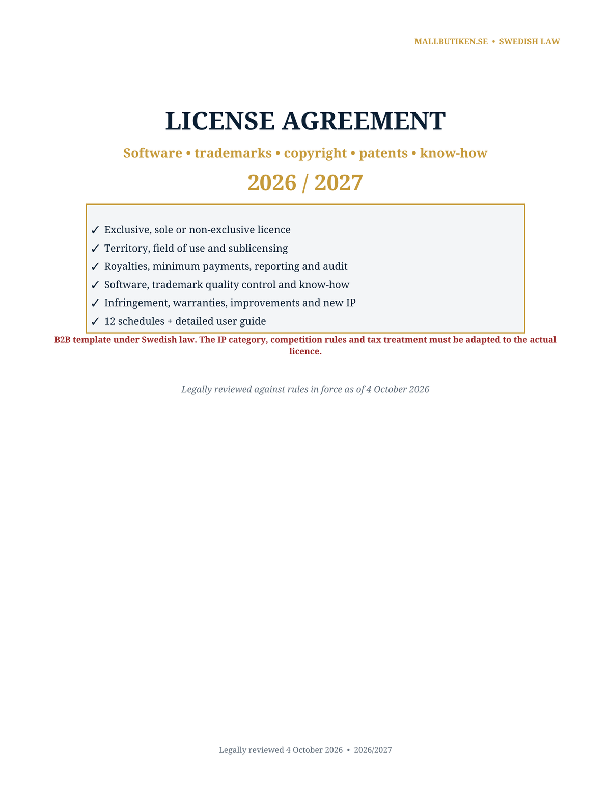 Cover of License Agreement 2026/2027 under Swedish law