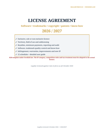 Cover of License Agreement 2026/2027 under Swedish law