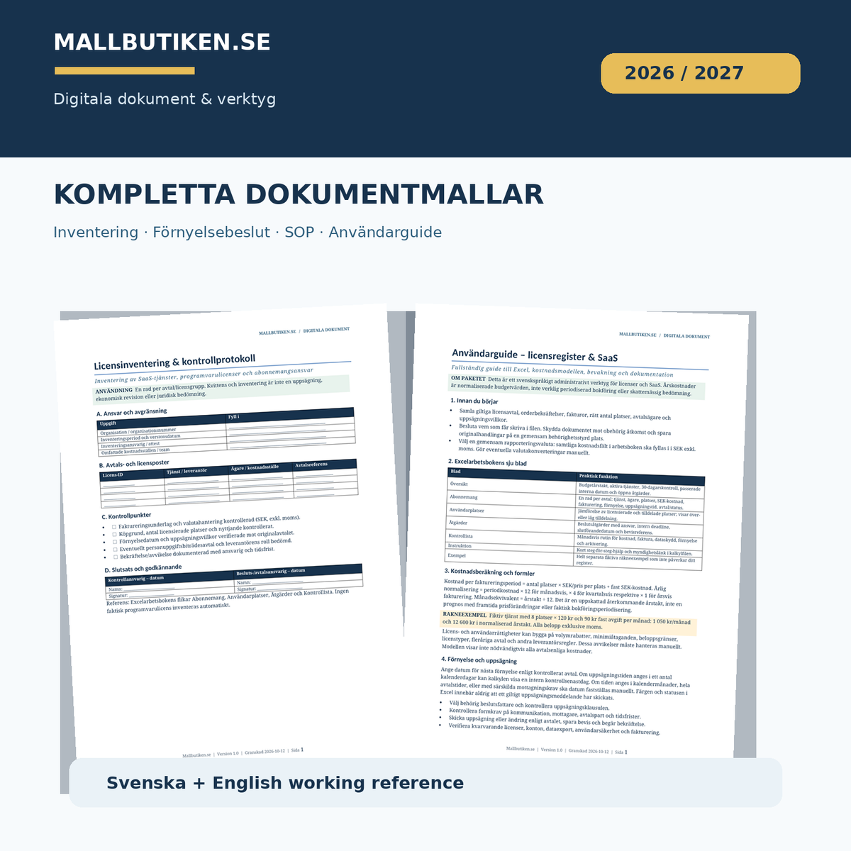 Licensinventering, förnyelse- och uppsägningskontroll samt svensk användarguide i Word och PDF