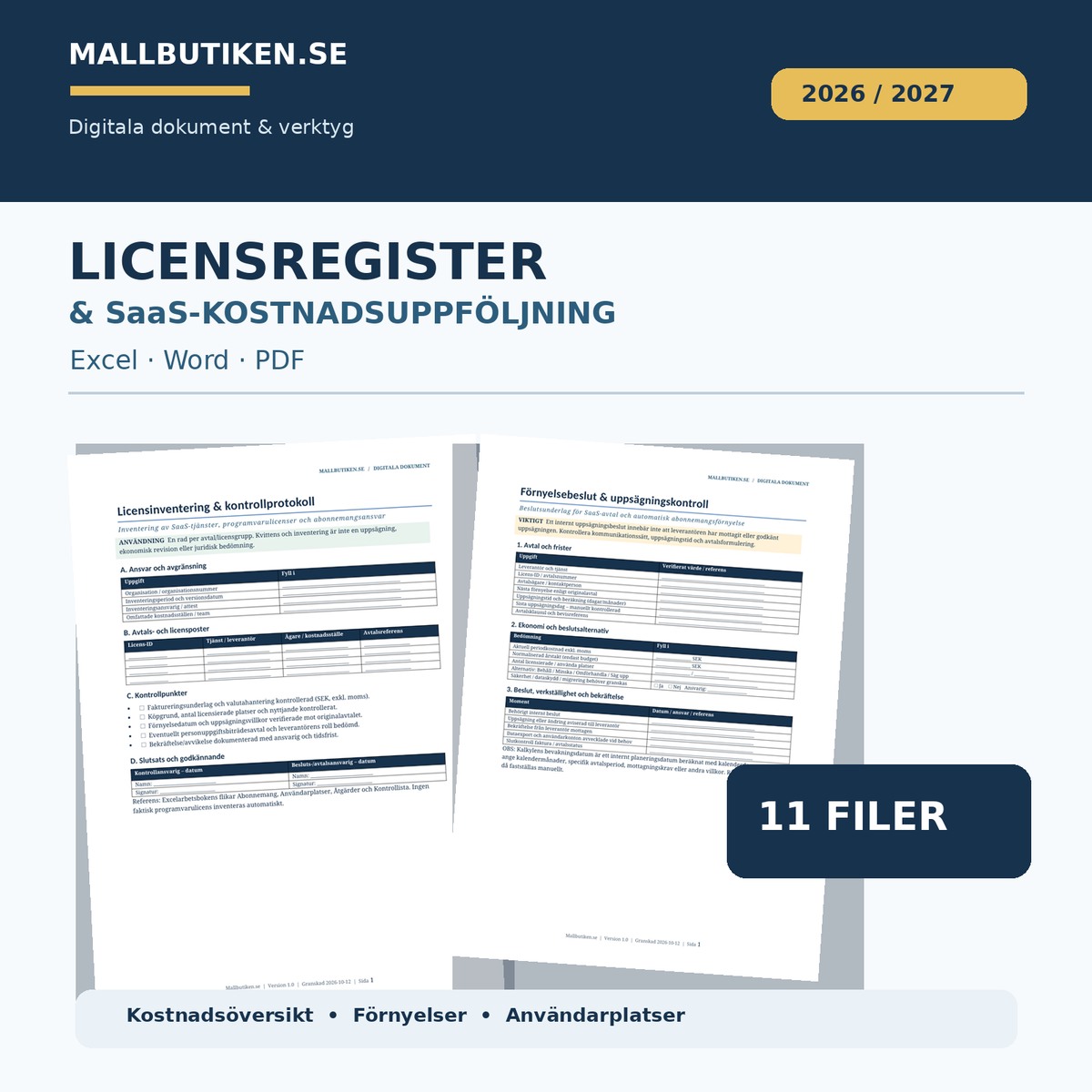 Licensregister och SaaS-kostnadsuppföljning 2026/2027 Excel Word PDF med 11 filer