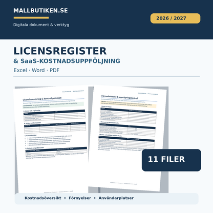 Licensregister och SaaS-kostnadsuppföljning 2026/2027 Excel Word PDF med 11 filer