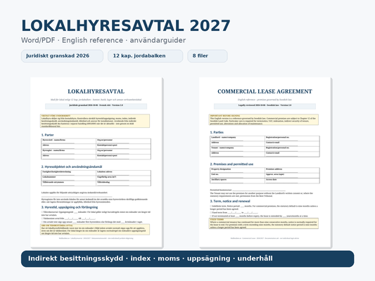 Lokalhyresavtal 2027 – Word/PDF med English reference, index, moms och indirekt besittningsskydd