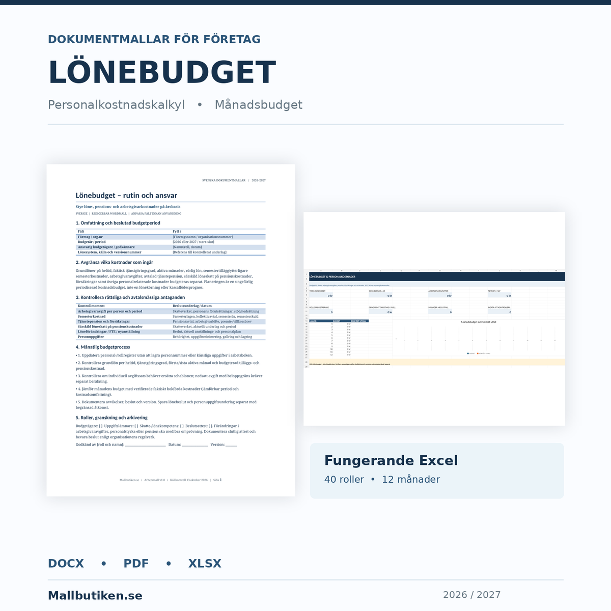 Lönebudget och personalkostnadskalkyl 2026 2027 – Word PDF Excel