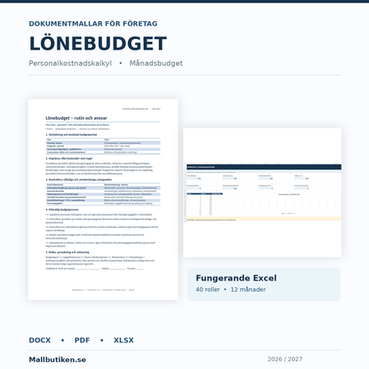 Lönebudget och personalkostnadskalkyl 2026 2027 – Word PDF Excel