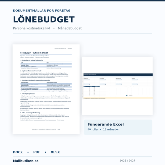 Lönebudget och personalkostnadskalkyl 2026 2027 – Word PDF Excel