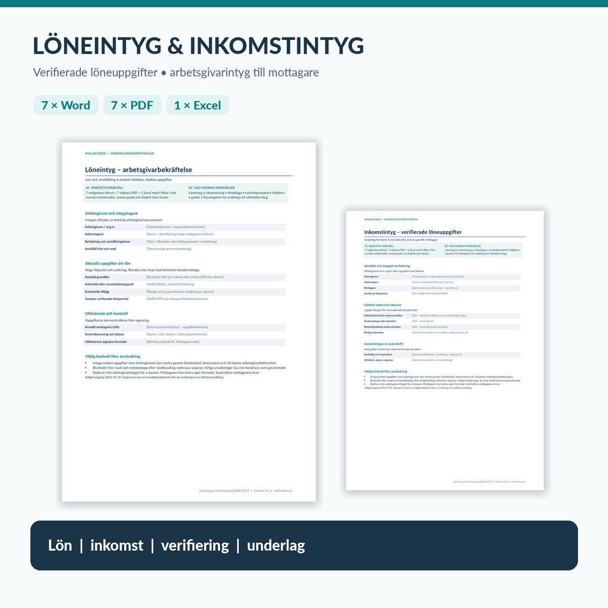 Löneintyg och inkomstintyg 2026/2027 – faktiska Word PDF Excel dokumentmallar