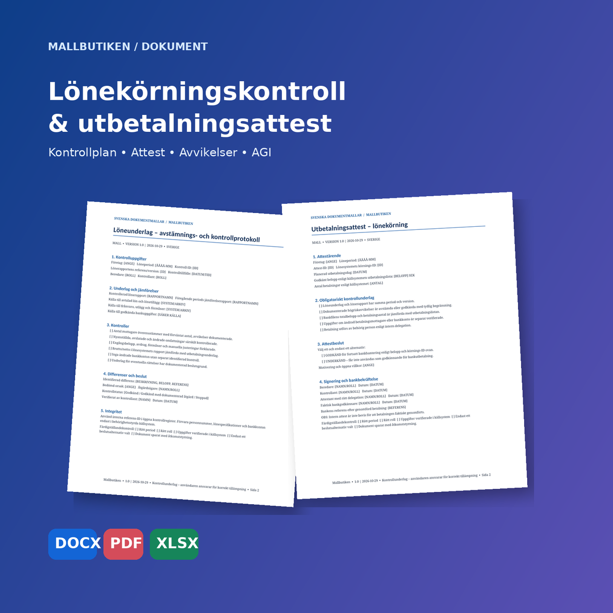 Lönekörningskontroll och utbetalningsattest – mallpaket med Word, PDF och Excel