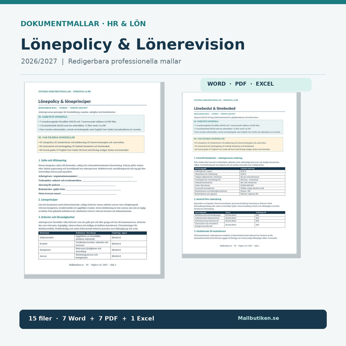 Lönepolicy och lönerevision 2027 – verklig förhandsvisning av två Wordmallar, PDF och Excel
