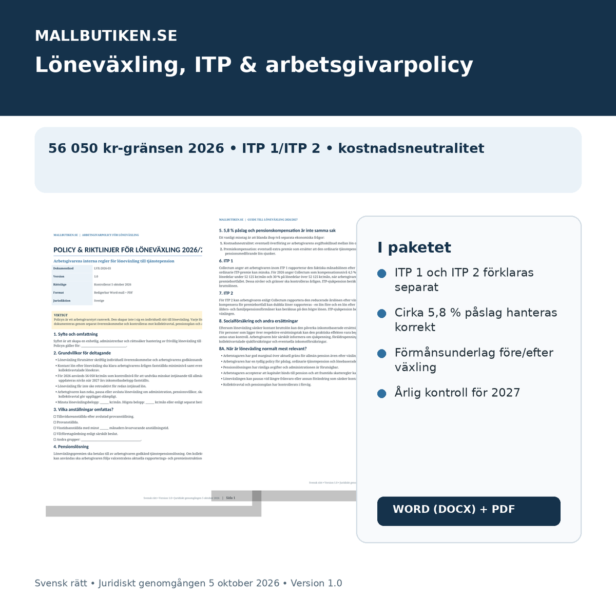 Löneväxling ITP 1 ITP 2 arbetsgivarpolicy 2026/2027 – mall
