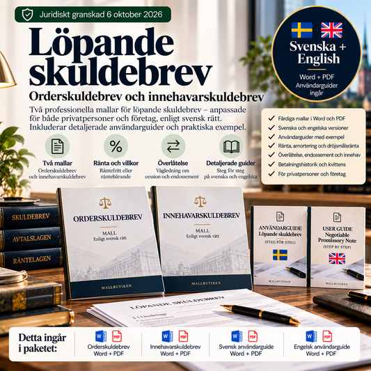 Löpande skuldebrev – svensk och engelsk Word/PDF-mall med användarguider för företag och privatperson