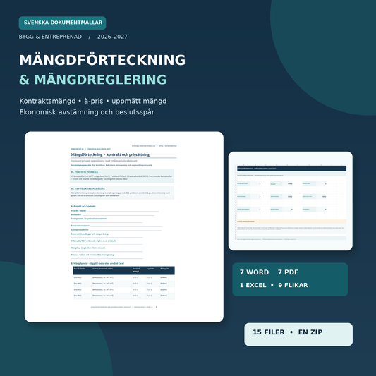 Mängdförteckning och mängdreglering 2026 2027 – Word PDF Excel