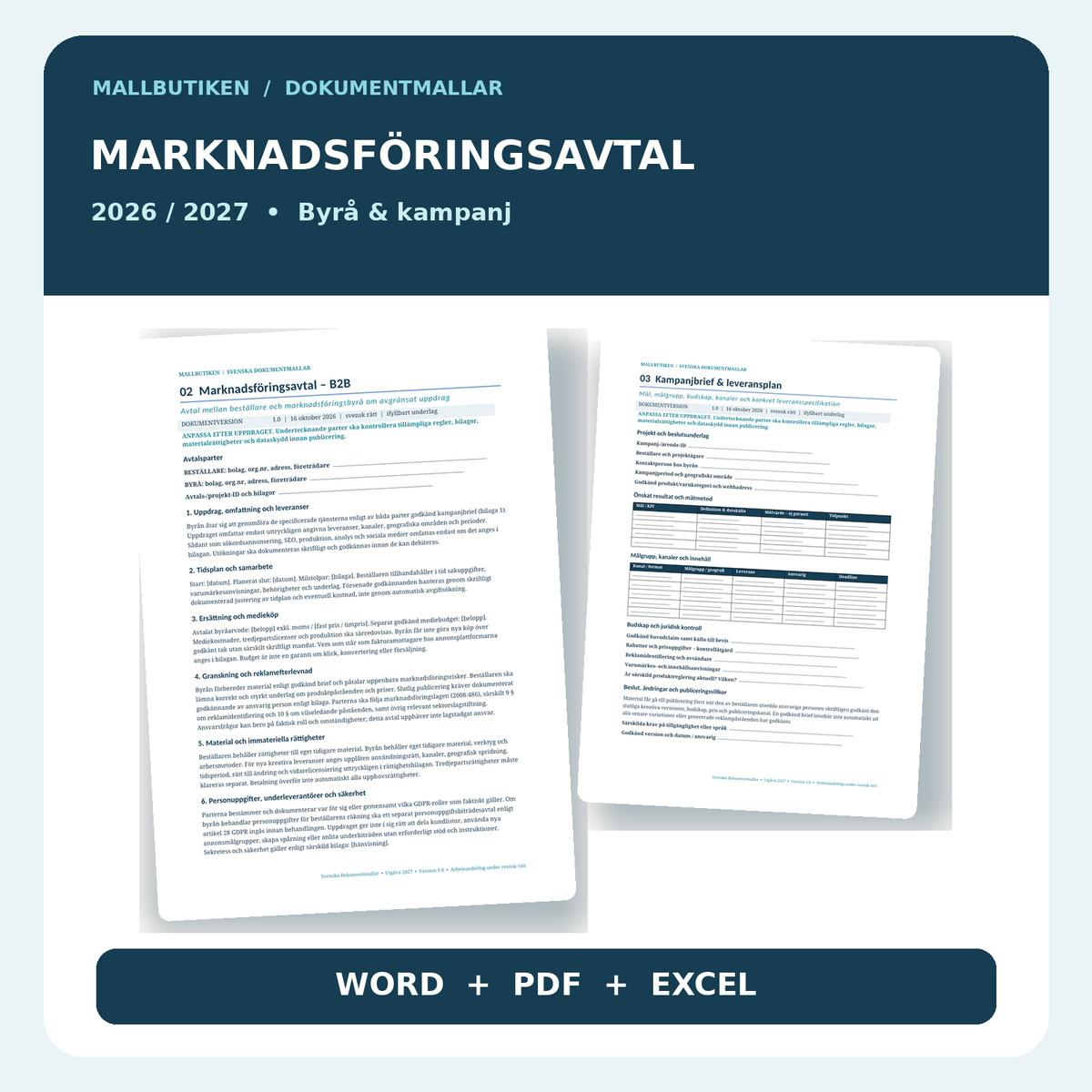 Marknadsföringsavtal för reklambyrå 2027 Word PDF Excel med kampanjbrief och budget