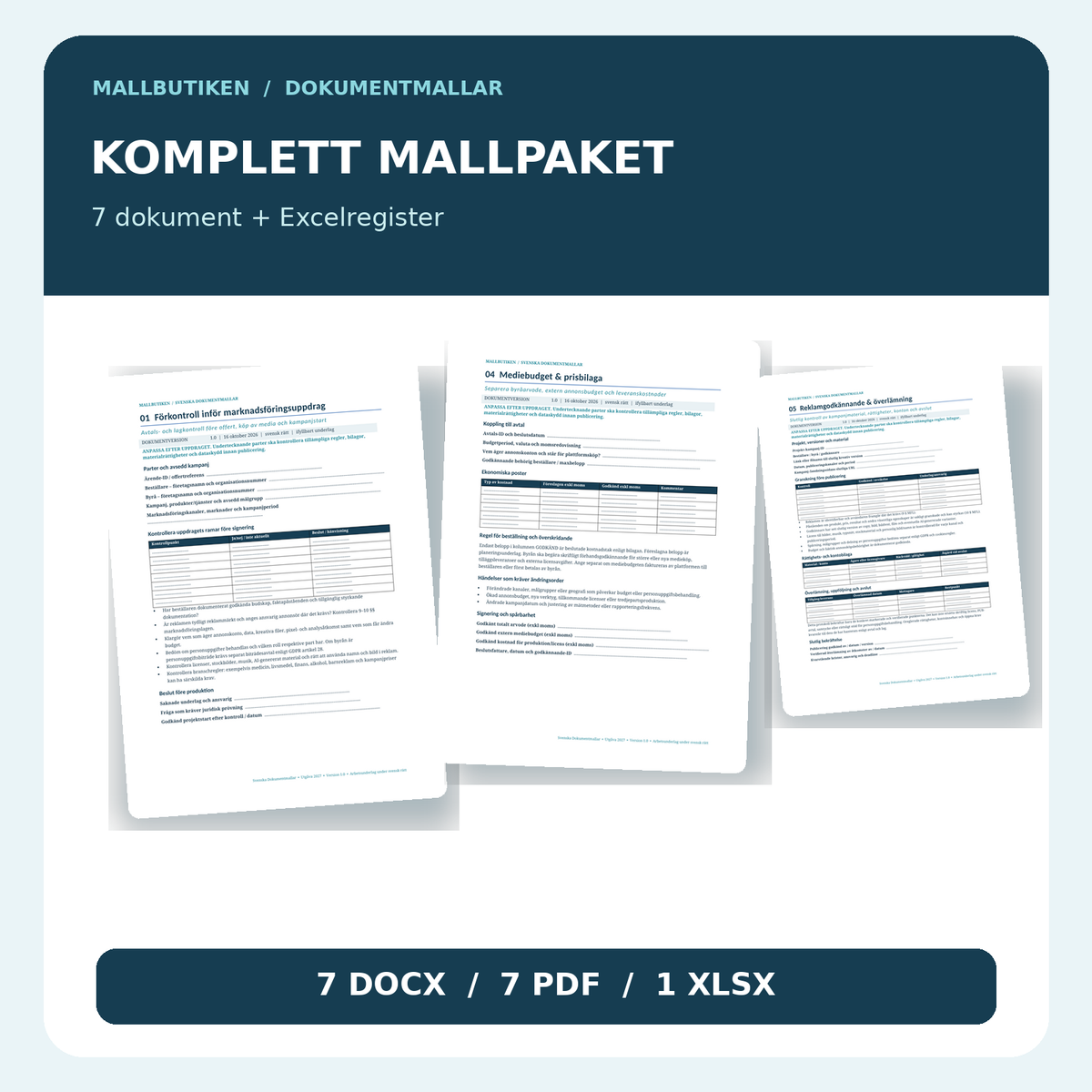 Marknadsföringsavtal mallpaket 2027 fem huvudmallar och två guider för byråuppdrag