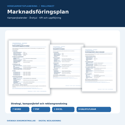 Marknadsföringsplan och kampanjkalender – årshjul, KPI och Excel; Word PDF