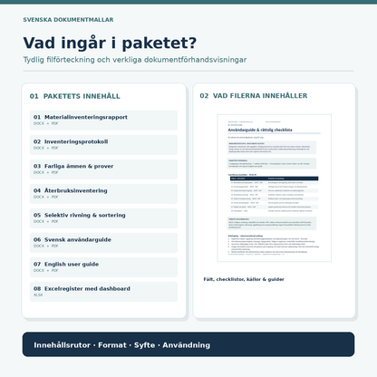 Paketets innehåll och vad filerna innehåller för materialinventering rivning