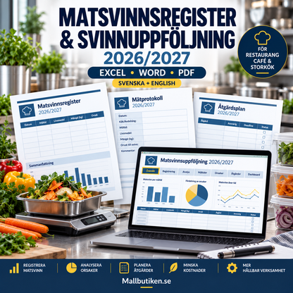 Matsvinnsregister och svinnuppföljning 2026/2027 Excel Word PDF på svenska och engelska