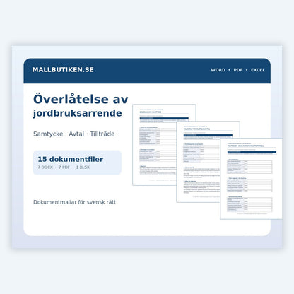 Överlåtelse av jordbruksarrende – paket med Word, PDF och Excel