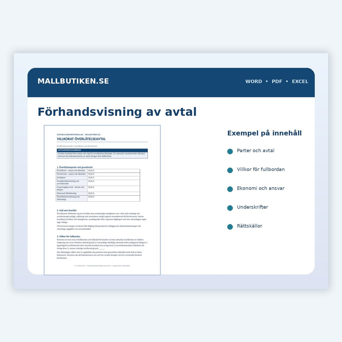 Förhandsvisning av villkorat överlåtelseavtal för jordbruksarrende