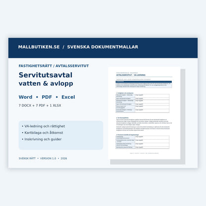 Servitutsavtal för VA-ledning – vatten och avlopp i Word PDF Excel