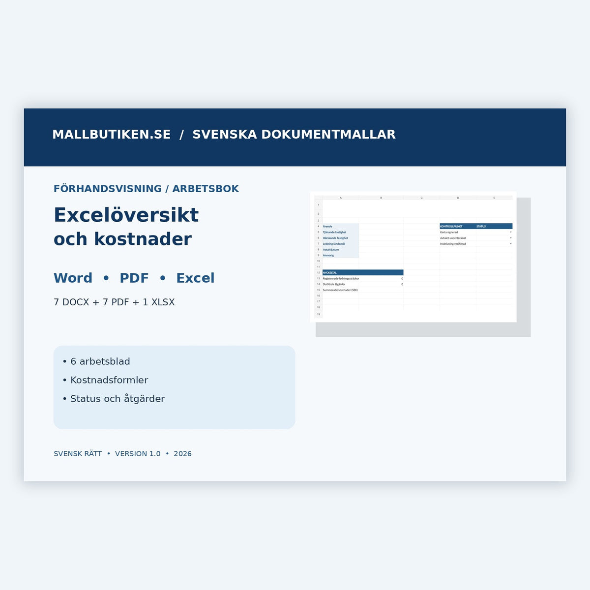 Excelöversikt och kostnadsregister i VA-servitutspaket