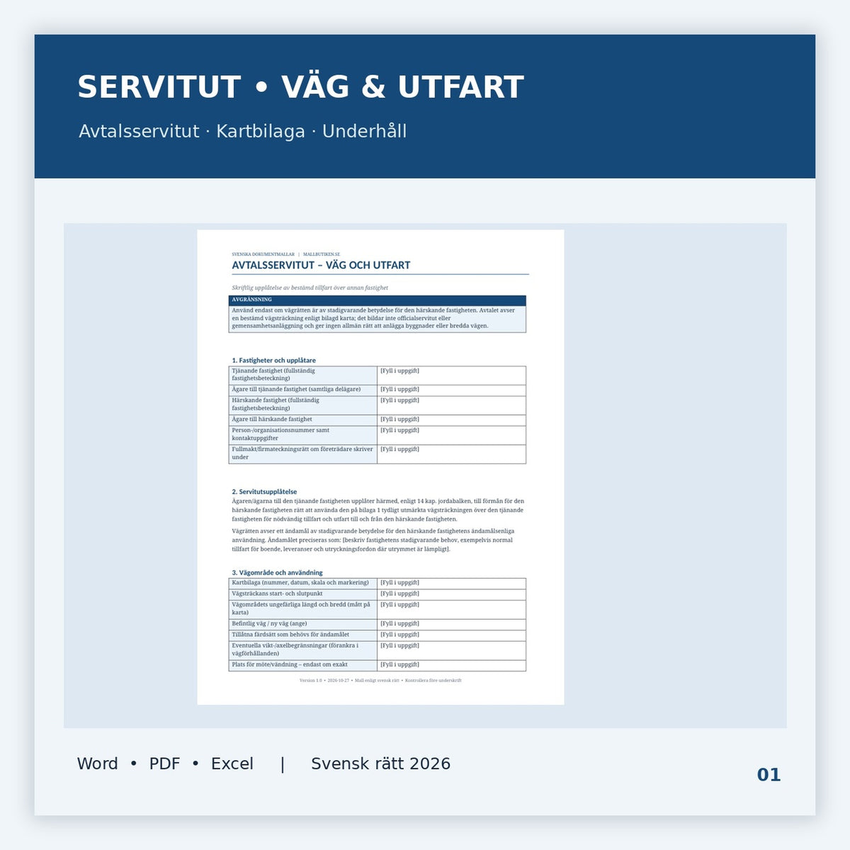 Servitutsavtal för väg och utfart – Word, PDF, Excel och kartbilaga
