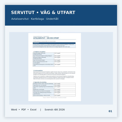 Servitutsavtal för väg och utfart – Word, PDF, Excel och kartbilaga