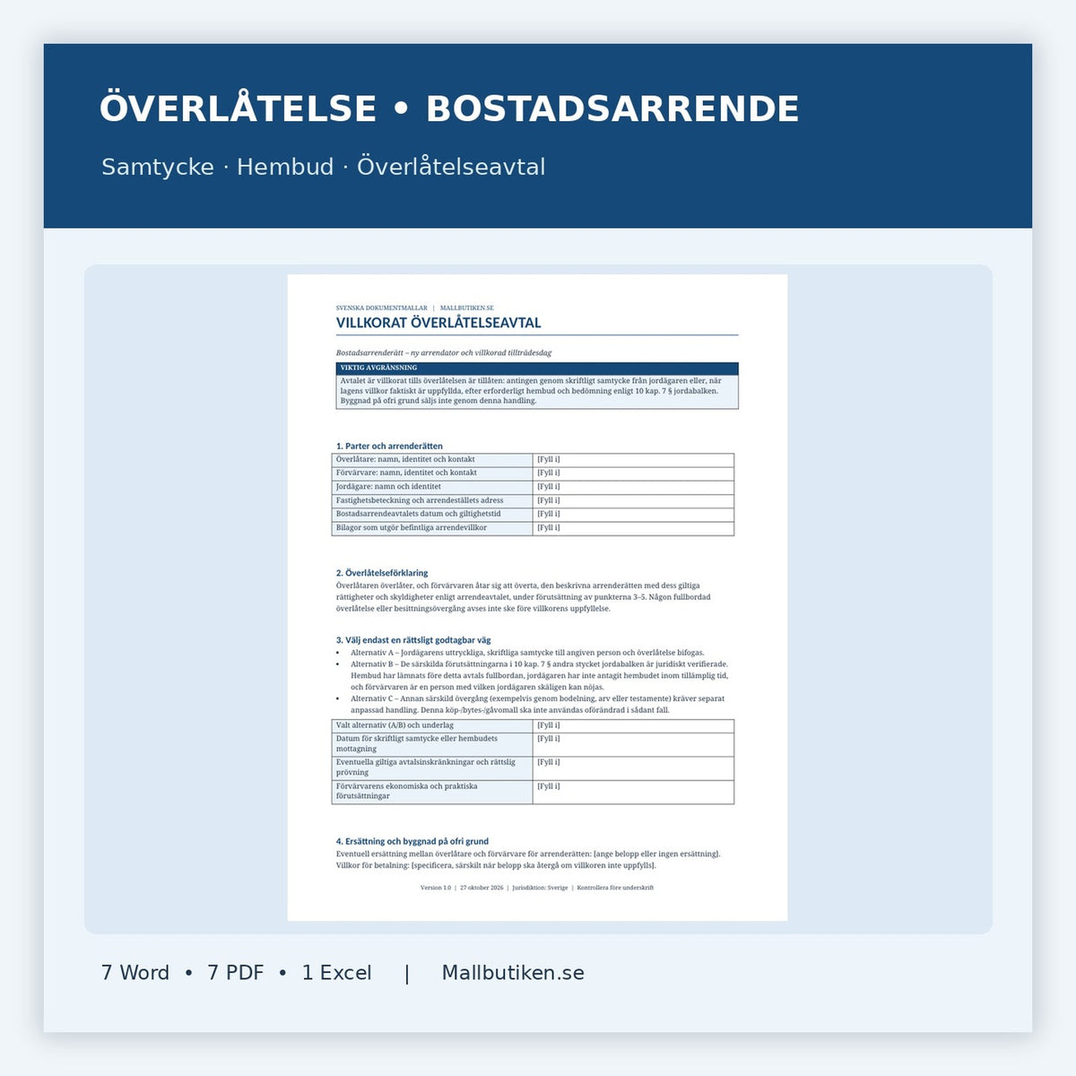 Dokumentpaket överlåtelse av bostadsarrende Word PDF Excel