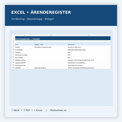 Excelregister överlåtelse bostadsarrende beslutslogg avräkning