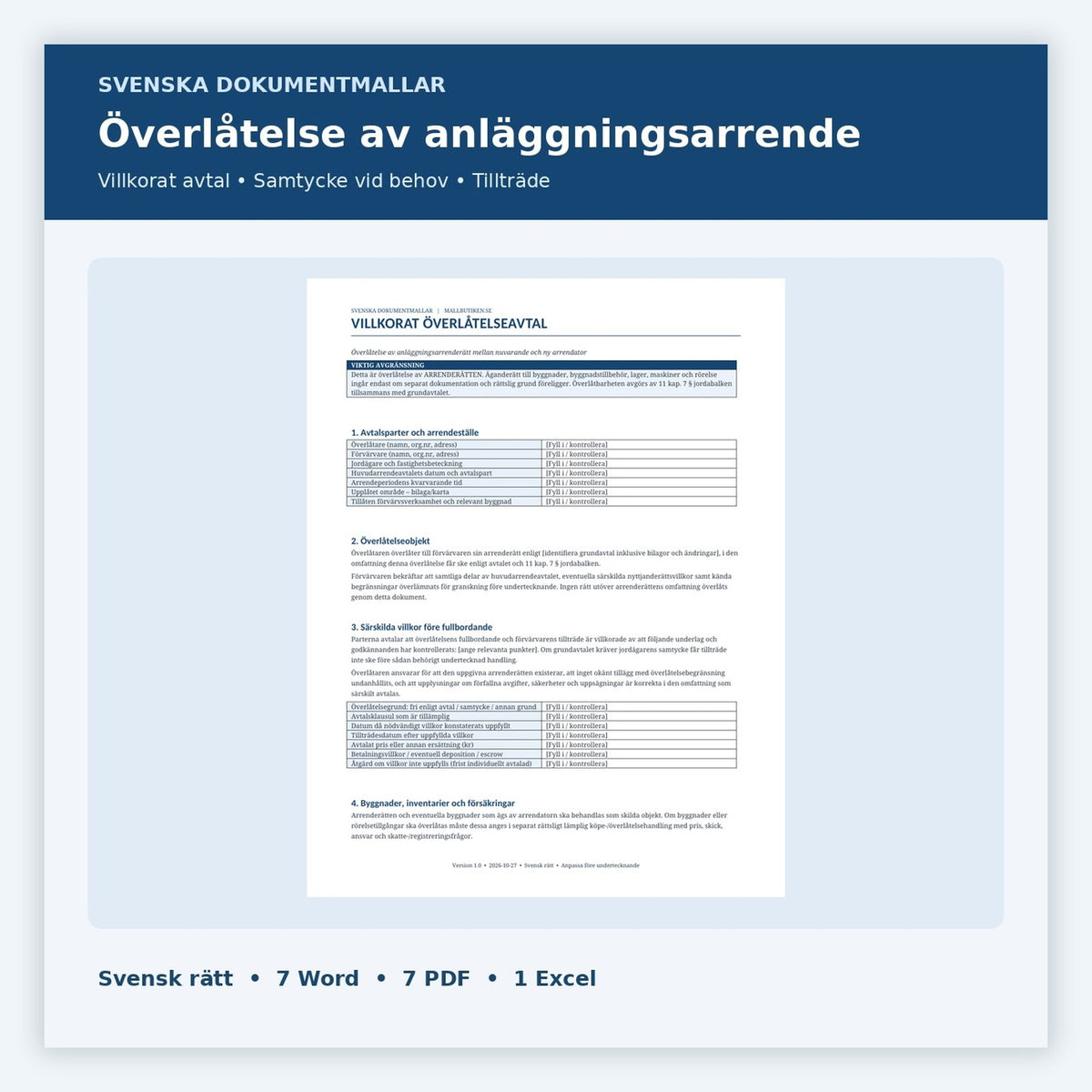 Överlåtelse av anläggningsarrende – Word PDF Excel-mallpaket