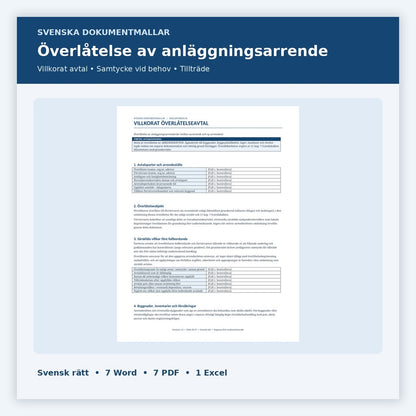 Överlåtelse av anläggningsarrende – Word PDF Excel-mallpaket