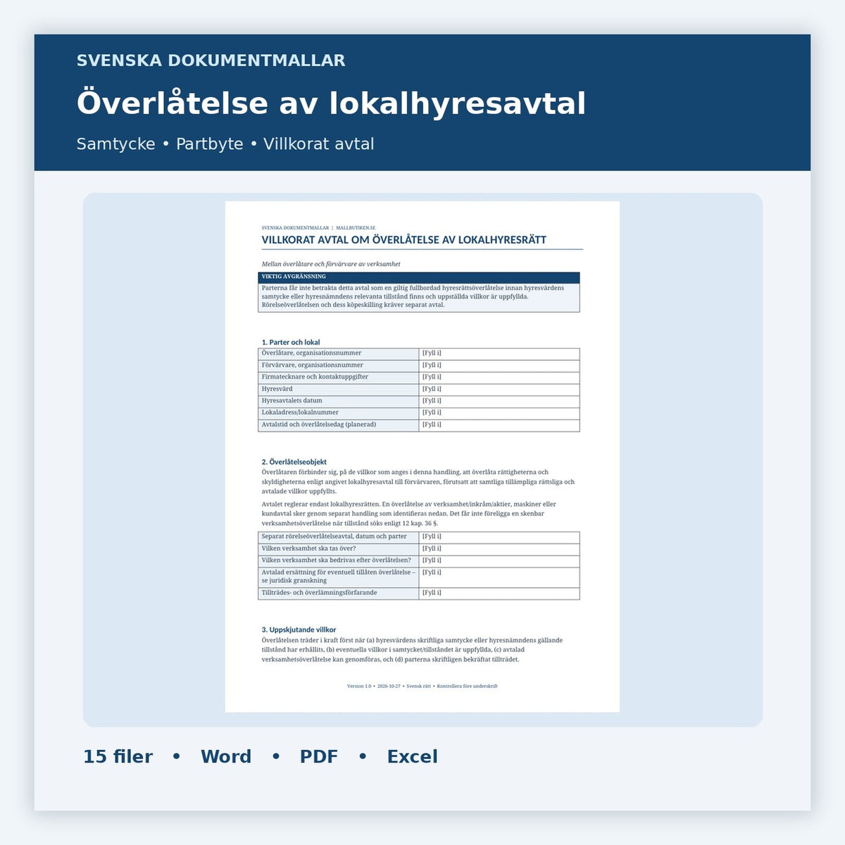 Överlåtelse av lokalhyresavtal mall Word PDF Excel – dokumentpaket