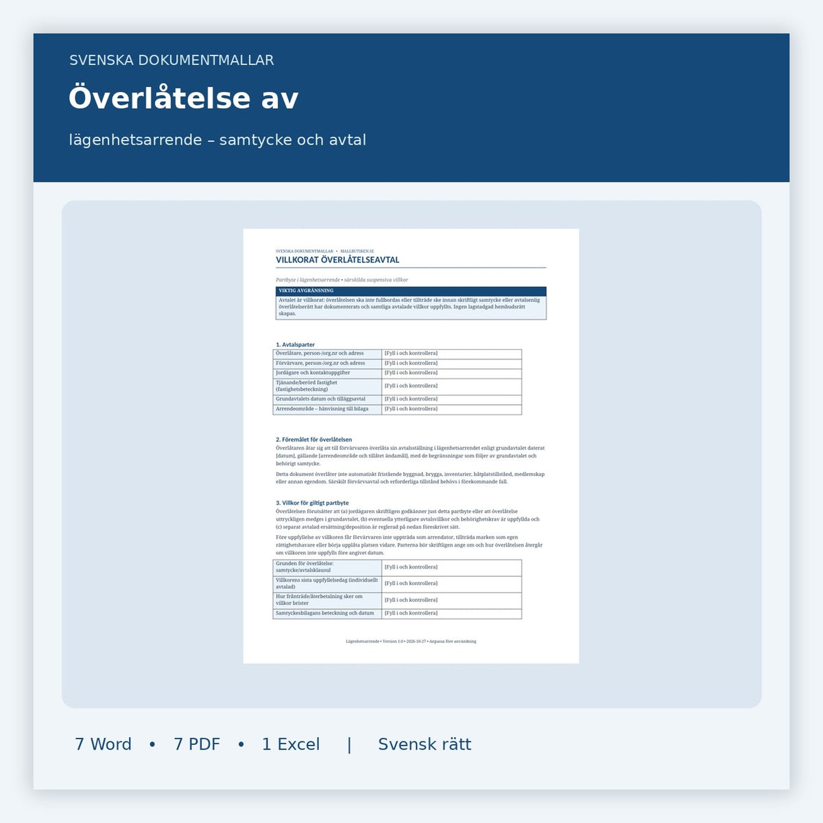 Överlåtelse av lägenhetsarrende – dokumentmall Word PDF Excel