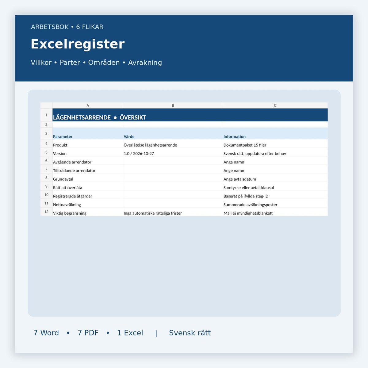 Excelregister med villkorslogg och avräkning vid överlåtelse av lägenhetsarrende