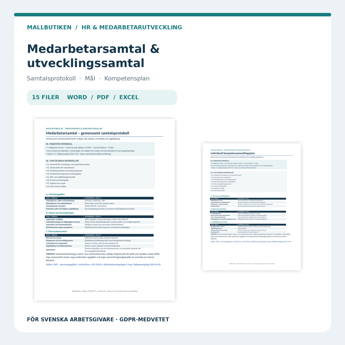 Medarbetarsamtal och utvecklingssamtal Word PDF Excel – förhandsvisning av dokument
