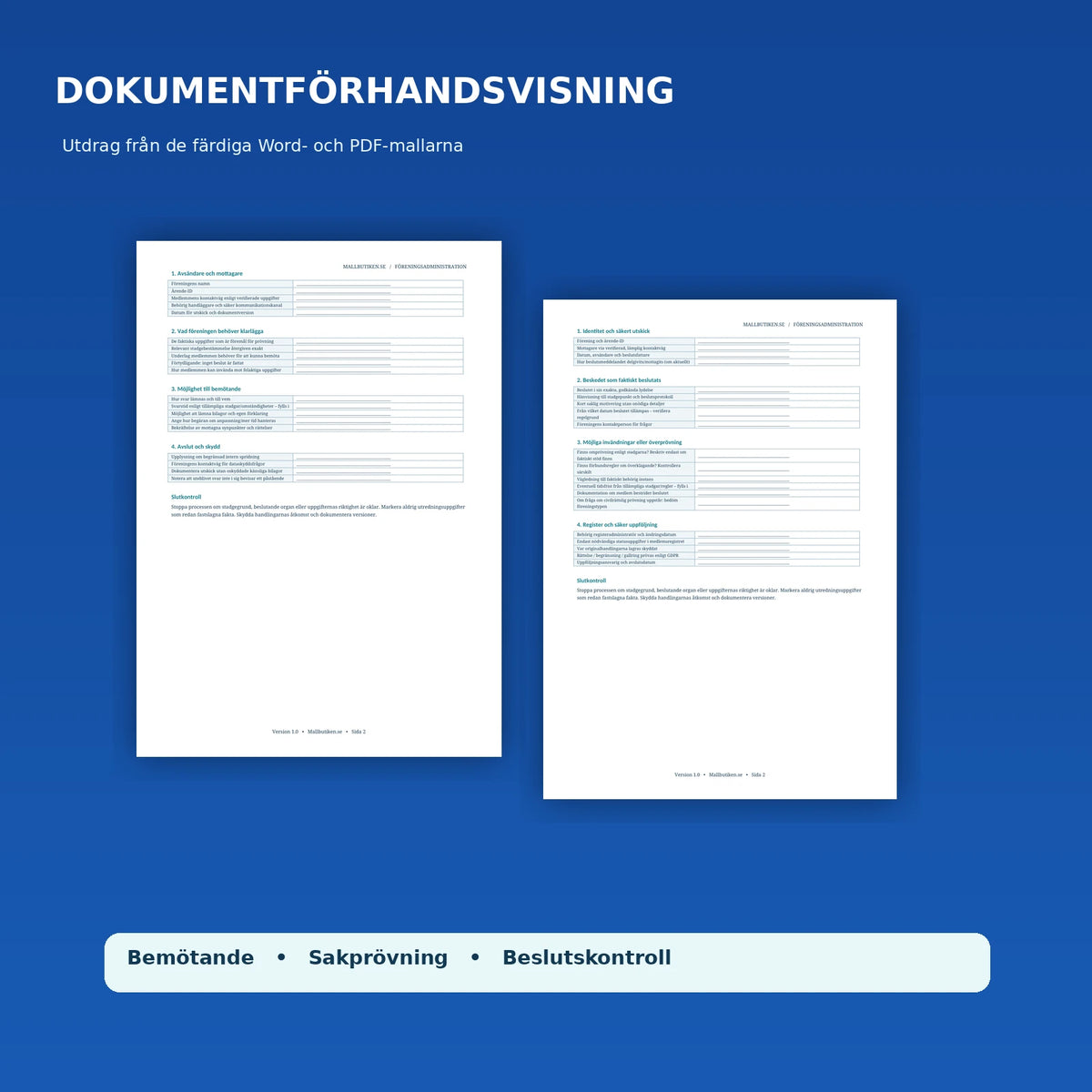 Förhandsvisning av begäran om yttrande och beslutsunderlag för medlemsärende, Word och PDF