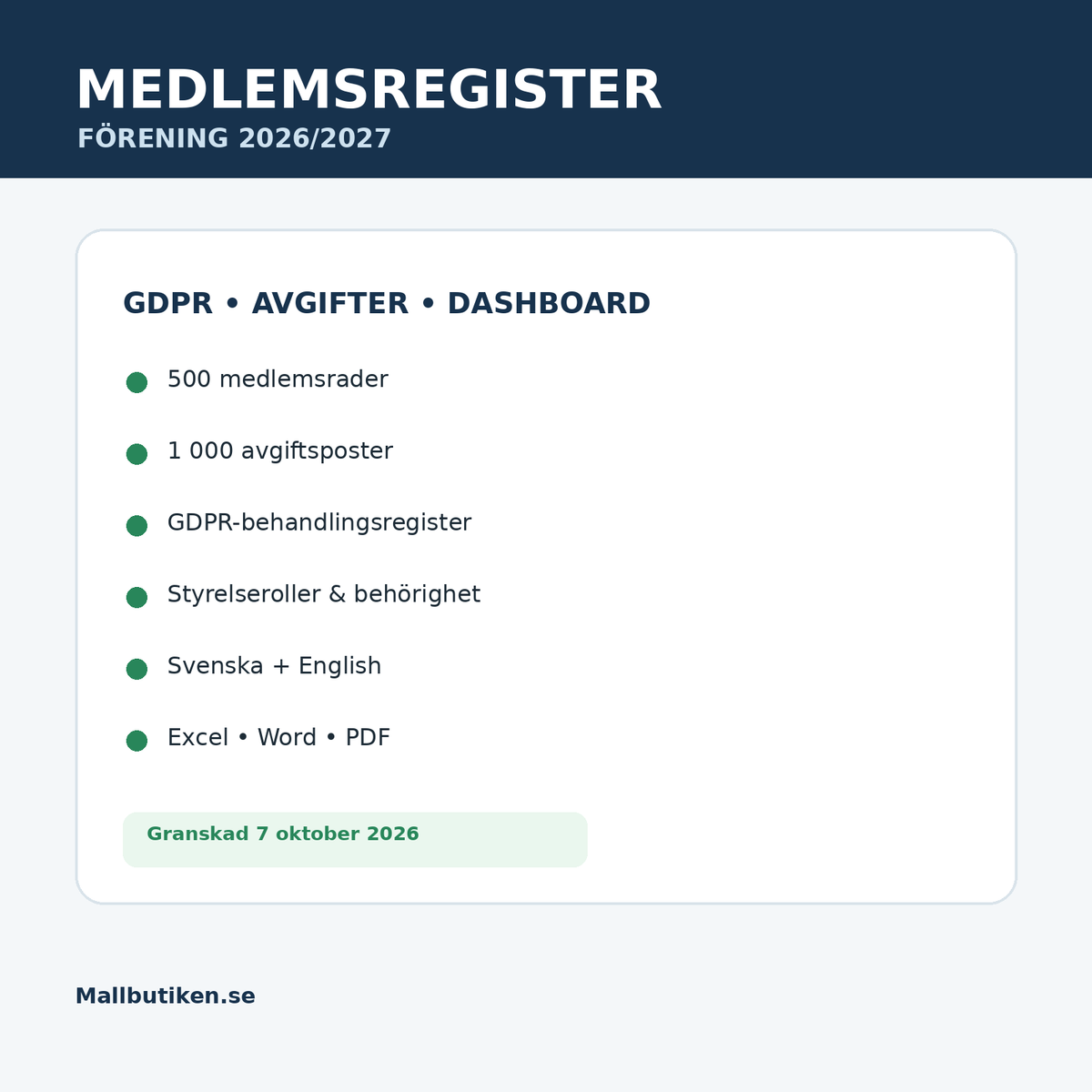 Medlemsregister förening 2026/2027 – Excel Word PDF GDPR