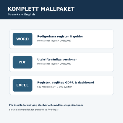 Medlemsregister mallpaket Word PDF Excel svenska engelska