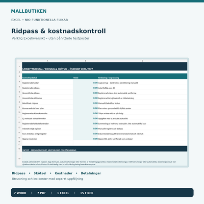Medryttaravtal Excel med nio flikar ridpass skötsel kostnader betalningar incidenter