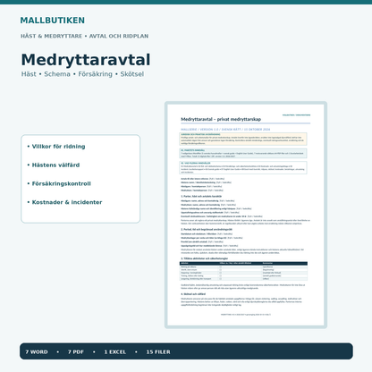 Medryttaravtal för häst 2026/2027, Word PDF Excel, verkligt dokument i bild