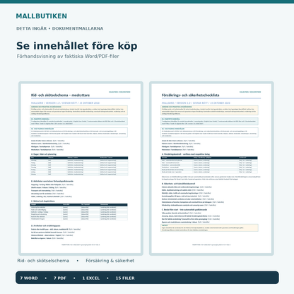 Rid- och skötselschema och försäkringschecklista i medryttaravtal för häst