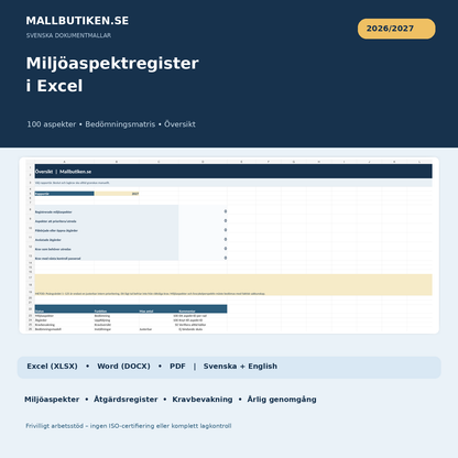 Excel miljöaspektregister med riskpoäng kravbevakning åtgärdsregister och översikt
