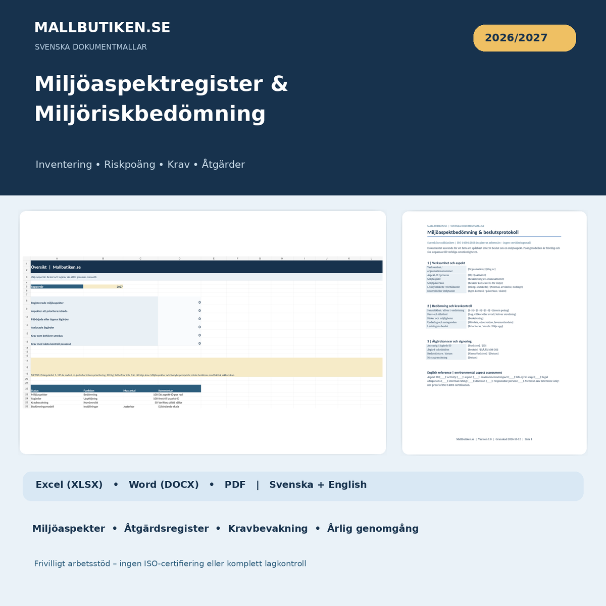 Miljöaspektregister och miljöriskbedömning 2026 2027 Excel Word PDF