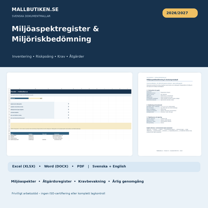 Miljöaspektregister och miljöriskbedömning 2026 2027 Excel Word PDF