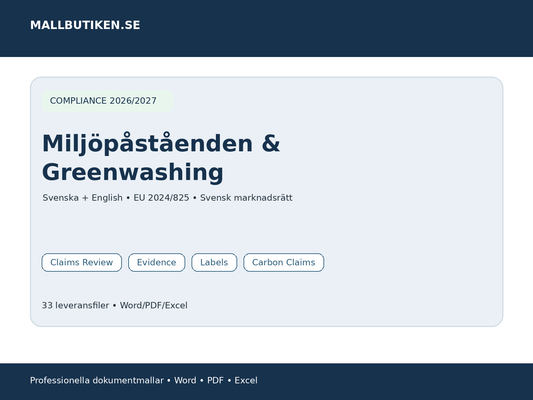 Miljöpåståenden och Greenwashing Compliance 2026/2027 svenska engelska Word PDF Excel