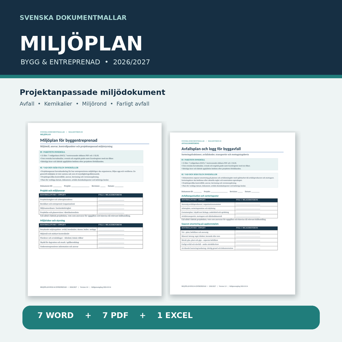 Miljöplan bygg och entreprenad 2026 2027 – Word PDF Excel huvudbild
