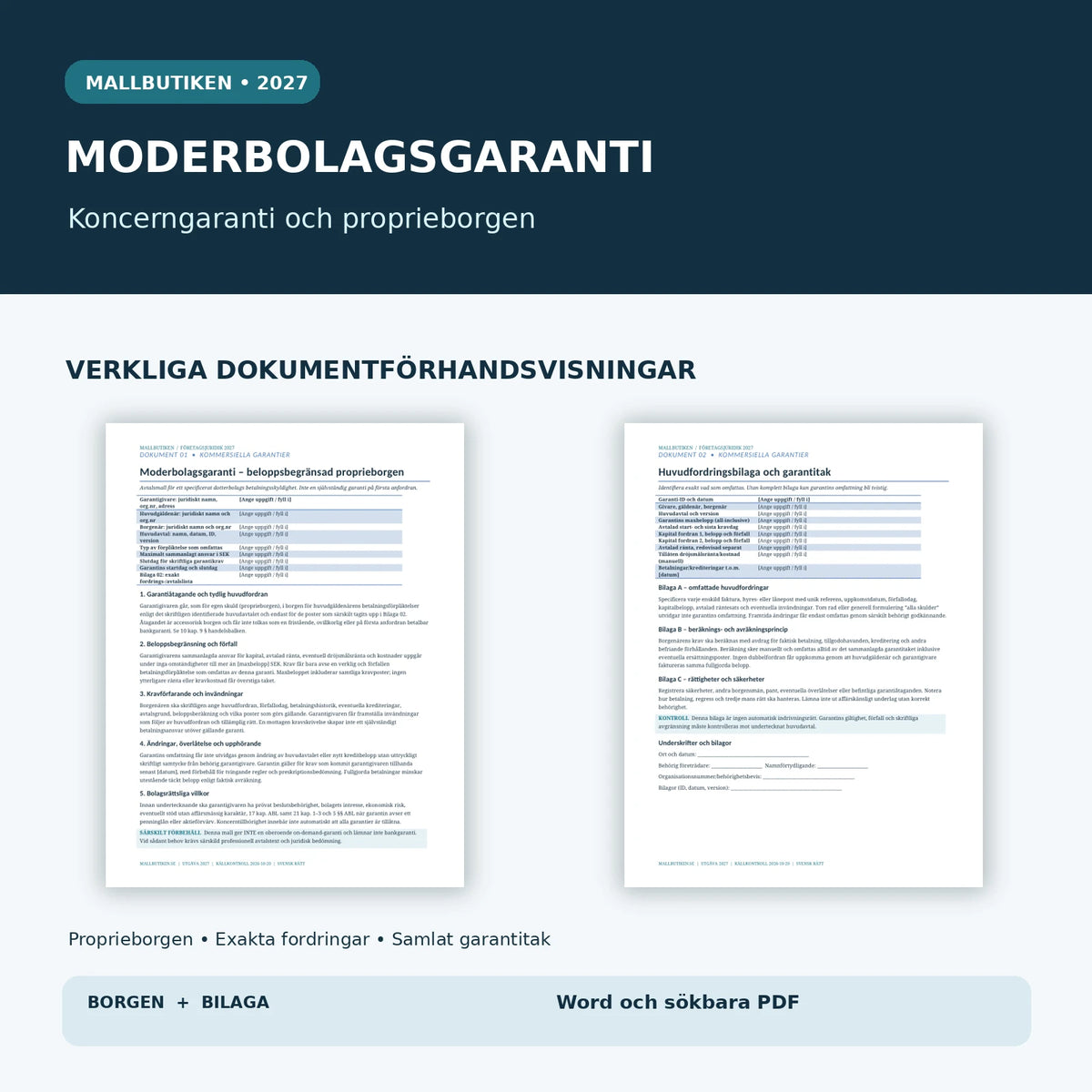 Förhandsvisning av svenska Wordmallar för moderbolagsgaranti och specifik fordringsbilaga